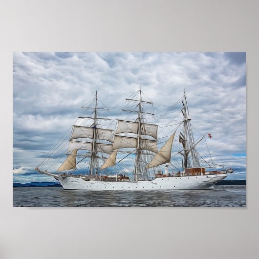 Oud schip op het schilderij met hoge zeeen poster (Voorkant)