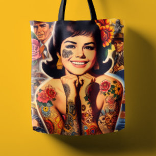Oud-school getatoeëerd meisje tote bag