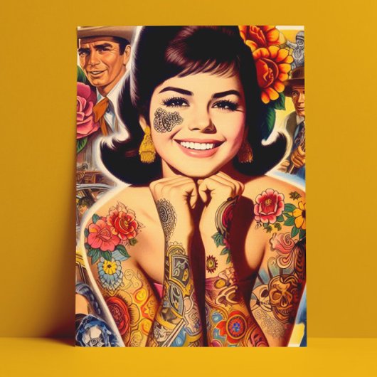 Oud-school getatoeëerde meisje briefkaart