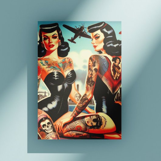 Oud School Getatoeëerde Pin-up Briefkaart