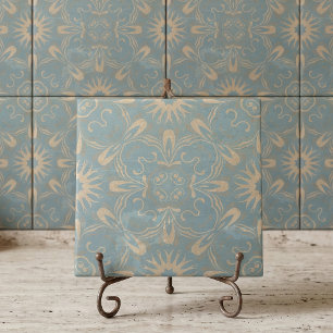 Oud Slate Blauw Beige Marokkaans Bloemmotief Damas Tegeltje