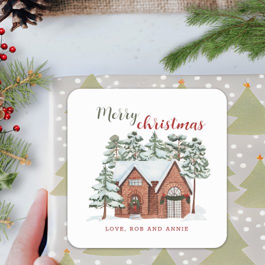 Oud Sneeuwachtig Cottage Aangepast Prettig Kerstfe Vierkante Sticker
