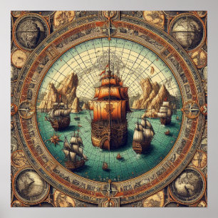 Oud Spaans zeilschip, kaart 3 Poster