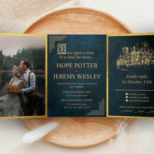 Oud Sprookjesboek Goud Smaragd Magisch Drieluik Uitnodiging