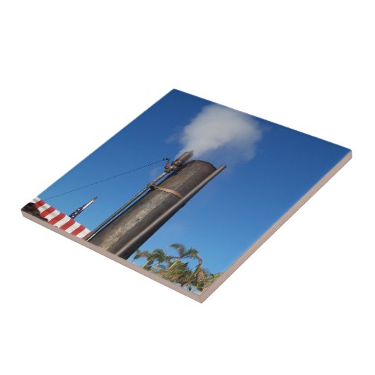 oud stoomfluitje met een witte pluim stoom tegeltje (Zijkant)