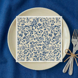 Oud-Style Delft Blauw en Crème Bloem Motief Servet