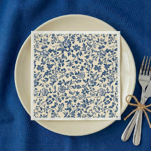 Oud-Style Delft Blauw en Crème Bloem Motief Servet