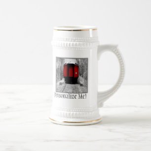 Oud-tijdstoomtrein rood en zwart bierpul