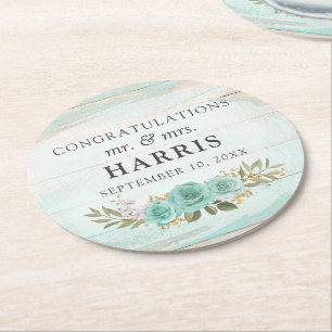 Oud Turquoise Ruw Hout Bloemrozen Bruiloft Ronde Kartonnen Onderzetter