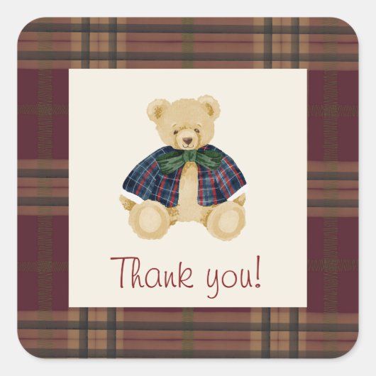 Oud uitziende teddybeer pluche patroon dank je wel vierkante sticker (Voorkant)