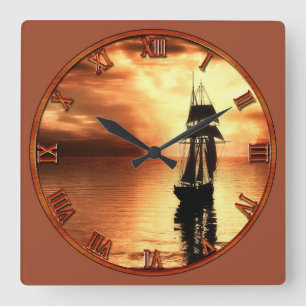 Oud-verzendschip op zonsondergang vierkante klok