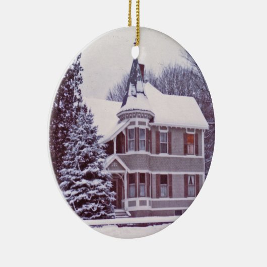 Oud Victoriaans Huis met  Tekst op Terug Keramisch Ornament (Rechts)