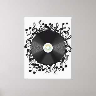 Oud vinylrecord en muzieknotities canvas afdruk