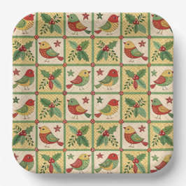 Oud Volkskunst Kerstmis Vogel Hulst Patroon Papieren Bordje