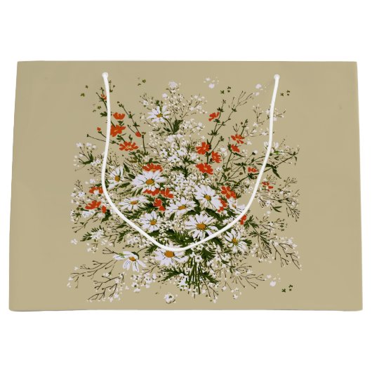 Oud waterverf boeket wilde madeliefjes beige groot cadeauzakje (Voorkant)