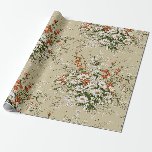 Oud waterverf madeliefjes boeket beige  cadeaupapier (Uitgerold)