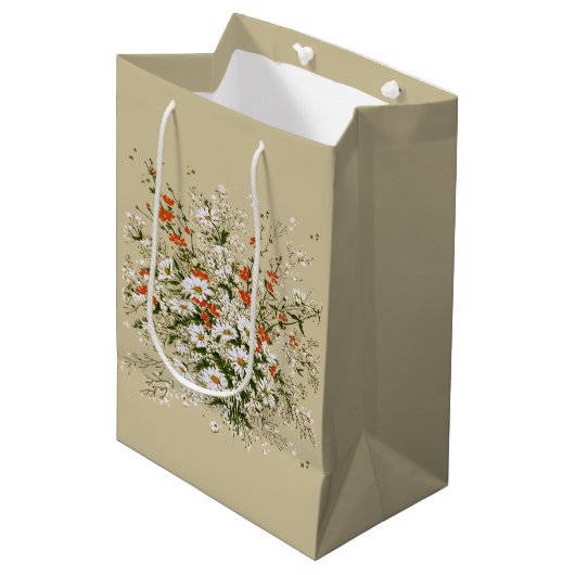 Oud waterverf wilde bloem madeliefjes boeket beige medium cadeauzakje (Voorkant Gekanteld)
