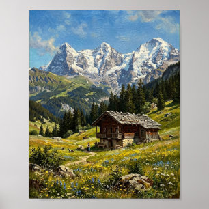 Oud-Wereld Alpen Chalets Besneeuwd Dal Poster
