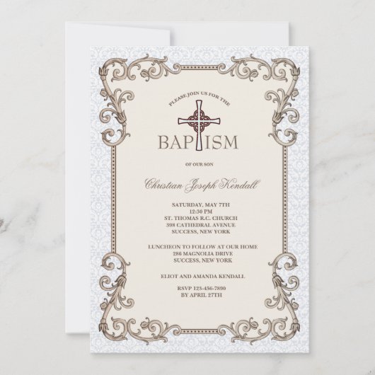 Oud Wereld Blauw Doop Uitnodiging (Voorkant)