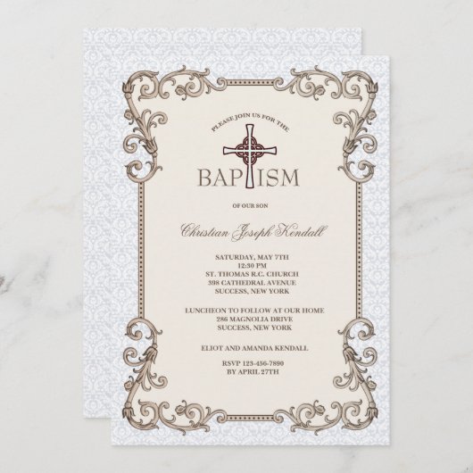 Oud Wereld Blauw Doop Uitnodiging (Voorkant / Achterkant)