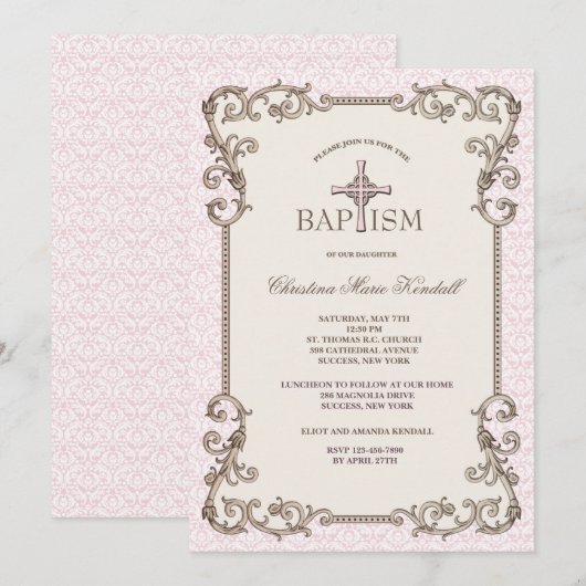 Oud Wereld Roze Doop Uitnodiging (Voorkant / Achterkant)