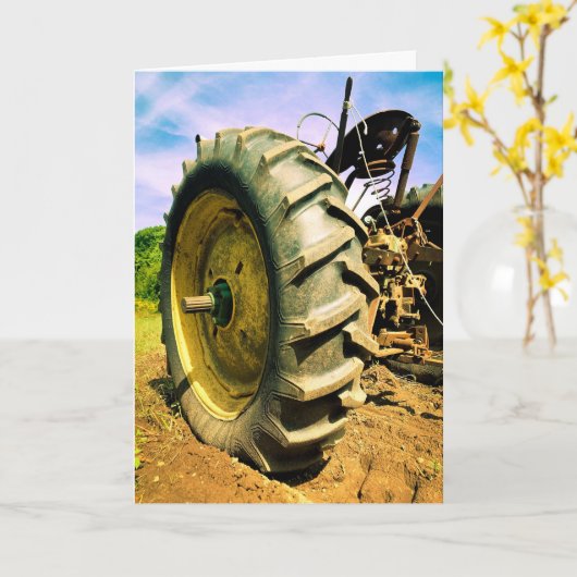 Oud, Werkend, Groene Tractor Briefkaart (Gele Bloem)
