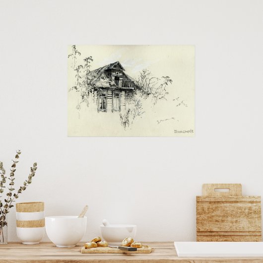 Oud Wooden House in Russia Print (Keuken)