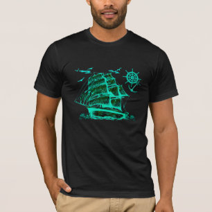 Oud zeilschip met groene grafische kaart t-shirt