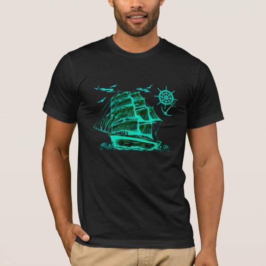 Oud zeilschip met groene grafische kaart t-shirt (Voorkant)
