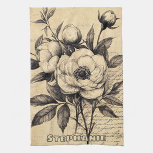 Oudbruine bloemenschets op verouderd papier theedoek