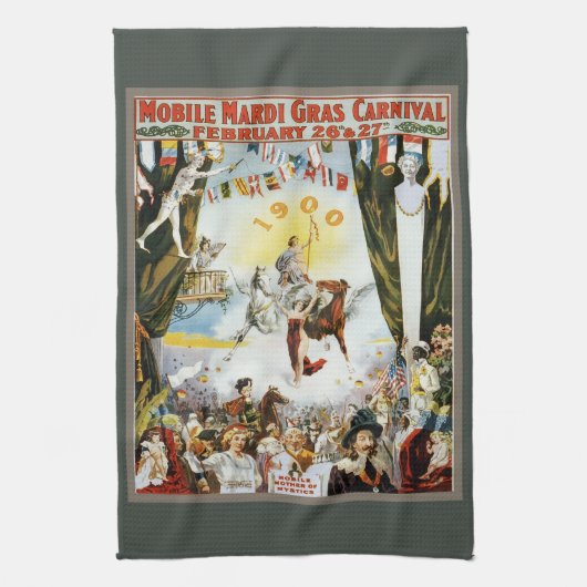 Oude 1900 Mobile Mardi Gras Carnaval Poster Kunst Theedoek (Verticaal)