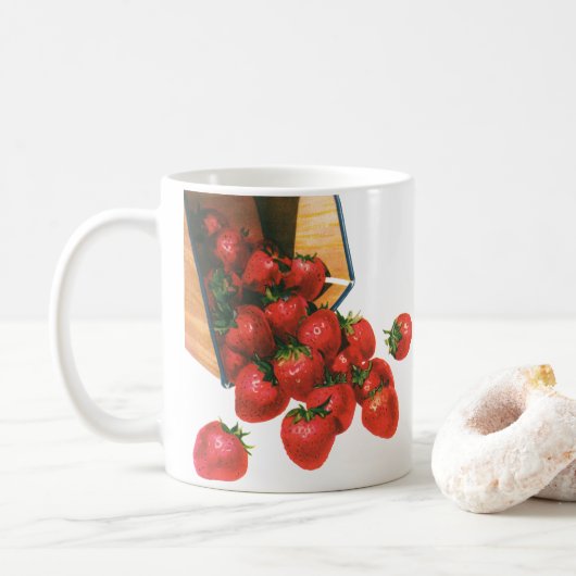 Oude aardbeien in mand, voedsel fruit bessen koffiemok (Met donut)
