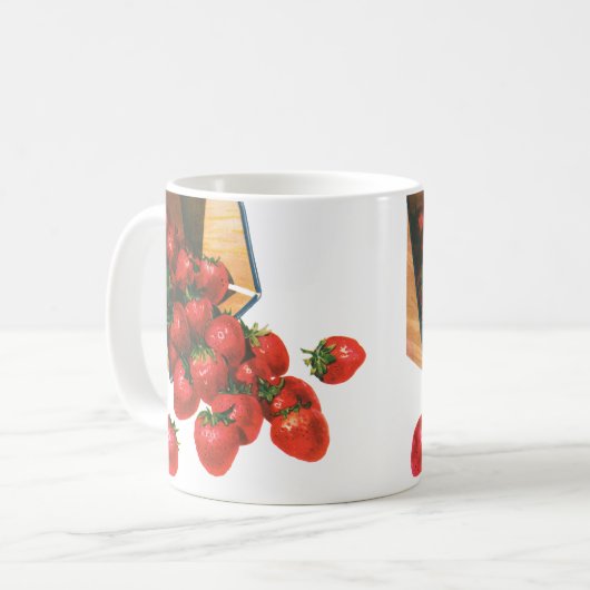 Oude aardbeien in mand, voedsel fruit bessen koffiemok (Voorkant links)