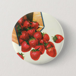Oude aardbeien in mand, voedsel fruit bessen ronde button 5,7 cm