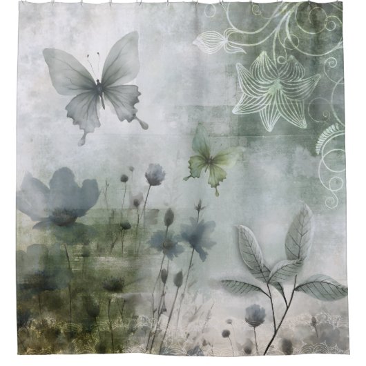 Oude Abstracte Vlinders Bloemen Ontwerp 401 Douchegordijn (Voorkant)