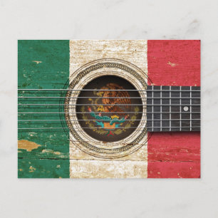 Oude akoestische gitaar met Mexicaanse vlag Briefkaart