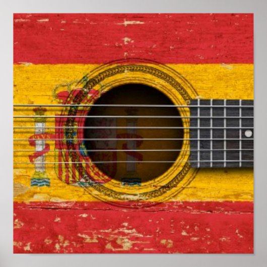 Oude akoestische gitaar met Spaanse vlag Poster (Voorkant)