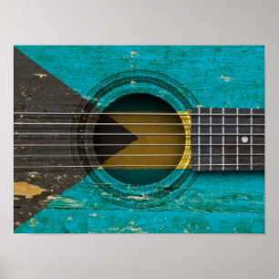 Oude akoestische gitaar met vlag Bahamas Poster