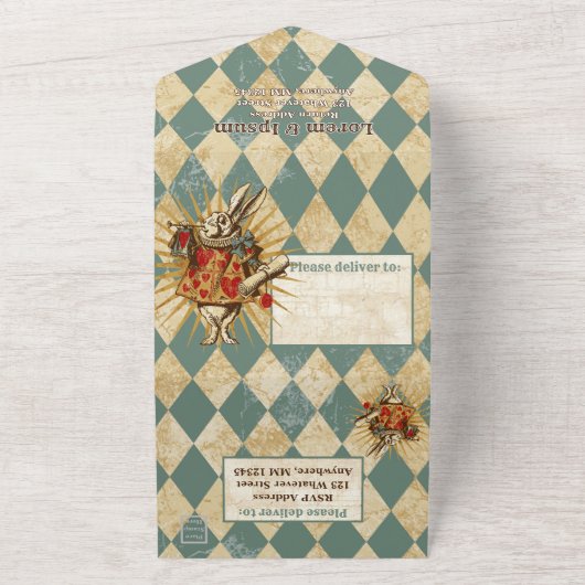 Oude Alice Witte Konijn All In One Uitnodiging (Buitenkant)