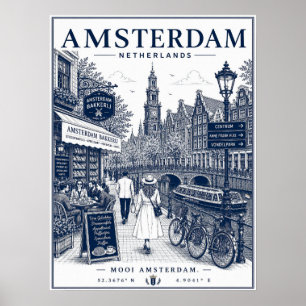 Oude Amsterdamse Grachtenfietsen Straat Illustrati Poster