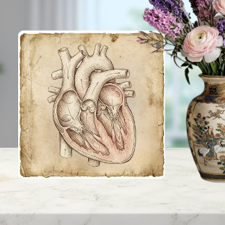 Oude anatomische hart inkt tekening Sepia Tegeltje