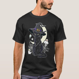 Oude Angstaanjagende Halloween Zwarte Kat Met Heks T-shirt