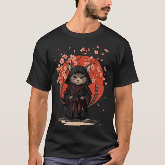 Oude Anime Kat Japanse Kunst Grappige Samurai T-shirt (Voorkant)
