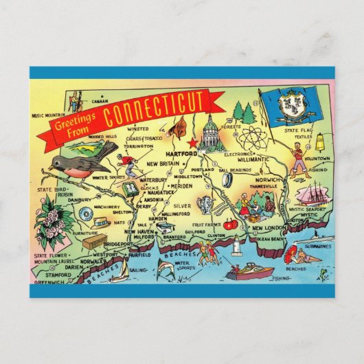 Oude ansichtkaart met kaart van Connecticut (Voorkant)