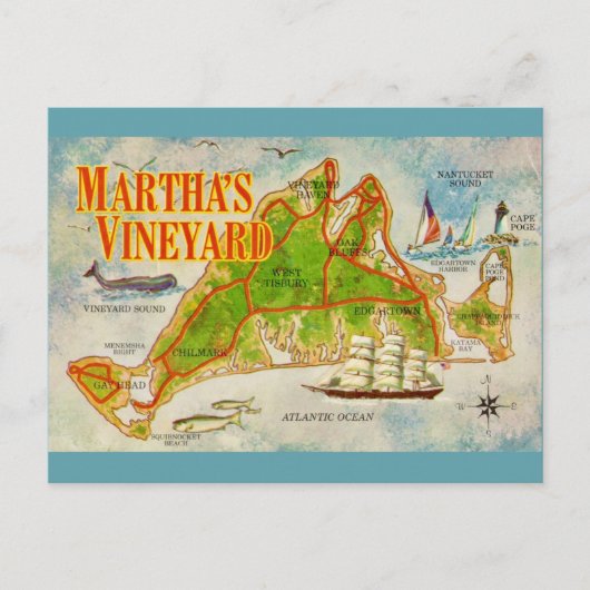 Oude ansichtkaart met kaart van Martha's Vineyard (Voorkant)