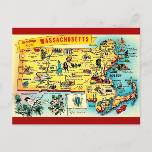 Oude ansichtkaart met kaart van Massachusetts (Voorkant)