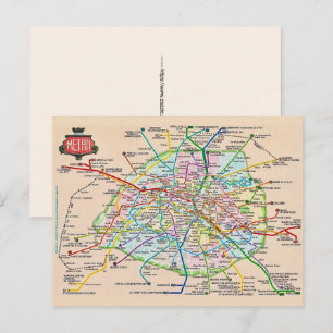 Oude ansichtkaart met metrokaart van Parijs Frankr Briefkaart