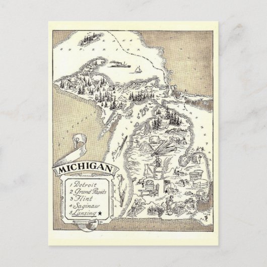 Oude ansichtkaart met Michigan kaart (Voorkant)