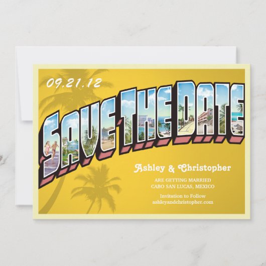 Oude ansichtkaart om de datum van een strandbestem save the date (Voorkant)