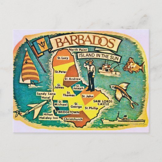 Oude ansichtkaart van Barbados met kaart (Voorkant)